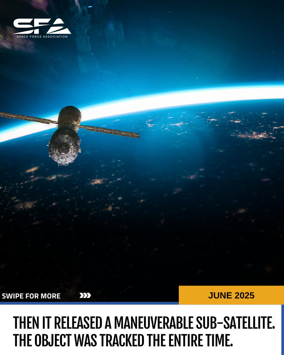 SpaceForceAssoc's tweet photo. May 2022: a Russian satellite launches into an orbit similar to a US military satellite.
Nearly three years: it stays with it.
June 2025: it releases a sub-satellite.

Nobody lost this object. That is the point.

Tony Frazier, SFA's America 250 Magazine: https://t.co/1wQTy1FjBo