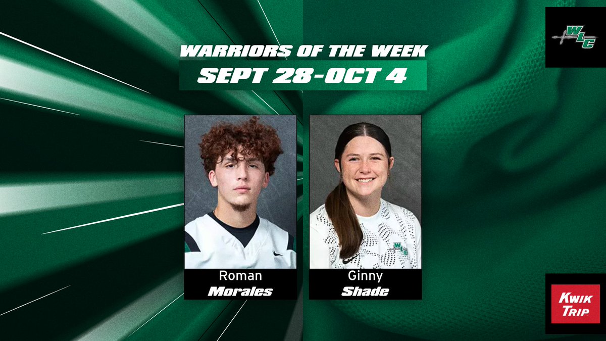 WLCSports's tweet photo. WOW: Roman Morales (FB) and Ginny Shade (WSOC) are the Kwik Trip Warriors of the Week for Sept. 28-Oct. 4. Read more about them at https://t.co/tPF6nxeORa.

#ArmorUp https://t.co/UCAcApuLln