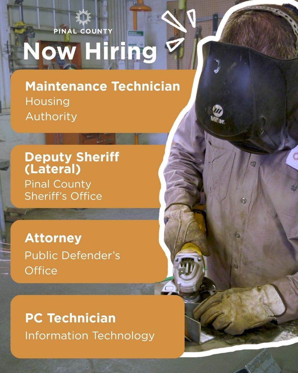 PinalCounty's tweet photo. Your next opportunity starts here!

Join a team dedicated to serving the community while building a meaningful career. Pinal County offers a variety of career opportunities, competitive benefits, and the chance to make a difference in your community every day. https://t.co/3rBZLvfAdj