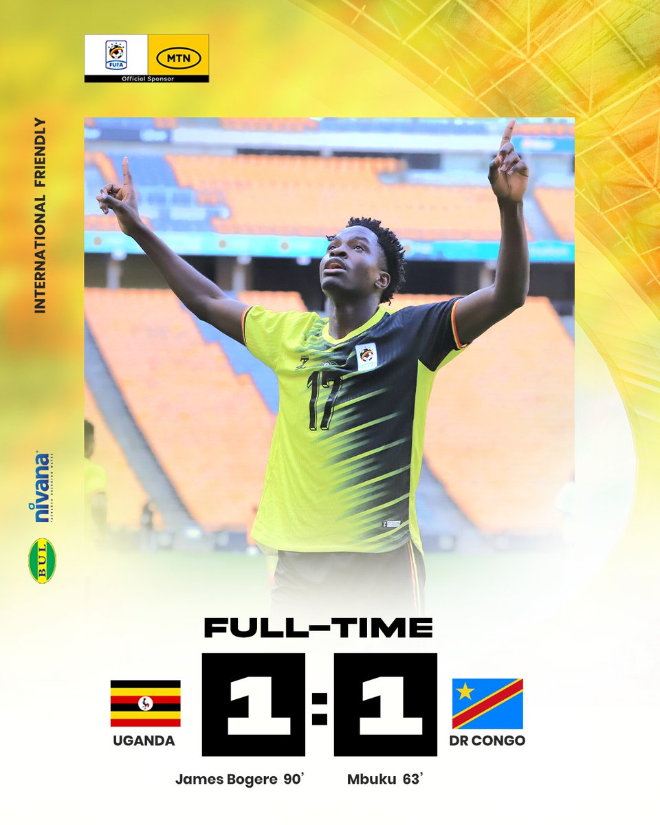 UgandaCranes's tweet photo. The international break ends unbeaten! 🇺🇬💪

Full-Time: Uganda 1-1 DR Congo 

#UGACOD | #InternationalFriendly https://t.co/rqQX6KzBhr