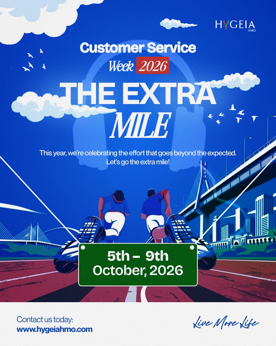HygeiaHMO_'s tweet photo. Customer Service Week 2026 is here! 💙

Celebrating the people who go beyond the expected and always take The Extra Mile.

Here’s to service with purpose! ✨

#CustomerServiceWeek2026 #TheExtraMile #HygeiaHMO #LiveMoreLife #CustomerExperience https://t.co/VJ1LzdPfGi