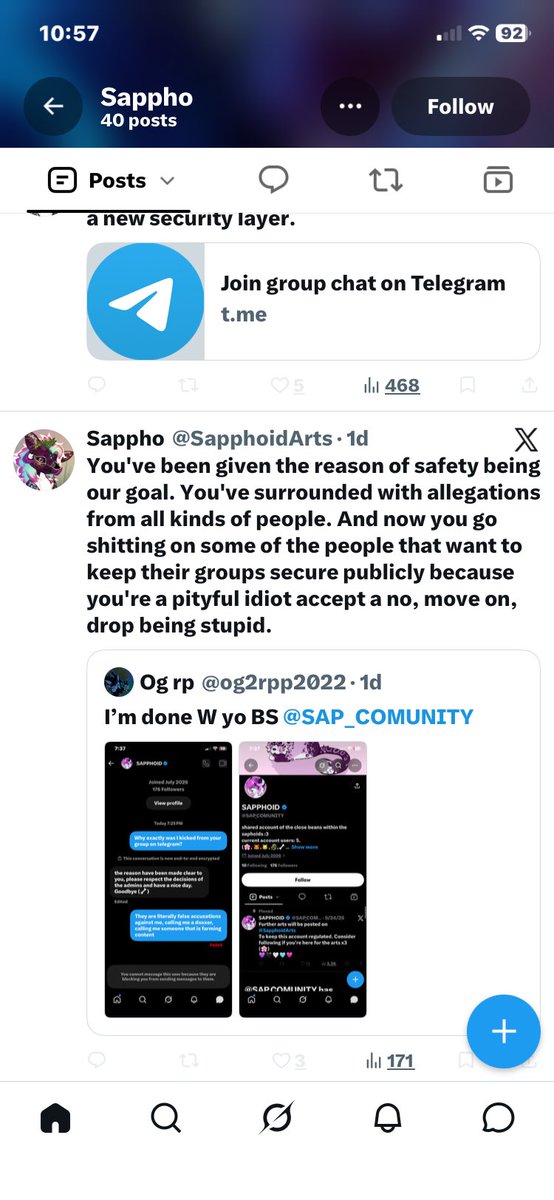 og2rpp2022's tweet photo. Seems like I struck a little sensitive spot for y’all…. 
I tried asking for proof of these allegations, I tried clarifying myself, I even tried screenshots for proof that I was banned for an unfair reason… 
Now your choosing personal attacks rather than trying to reason with me https://t.co/AQVOIrX4qf