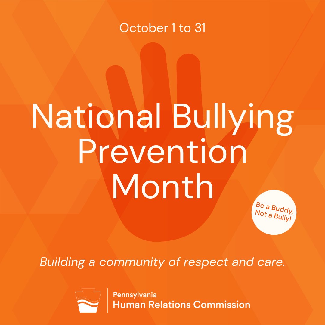 PA_HumRelComm's tweet photo. 🧡October is National Bullying Prevention Month
Bullying affects millions of young people each year but together we can help create safer, kinder, and more inclusive communities.

Let’s stand united by raising awareness, supporting those impacted, and promoting respect for all. https://t.co/RnB8PtUNtX
