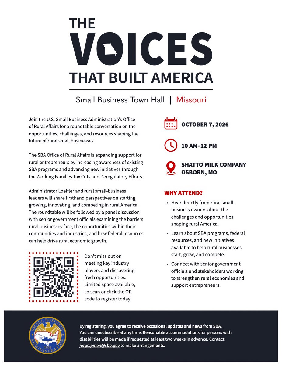 SBAgreatplains's tweet photo. Ready to grow your rural business? Join Administrator Loeffler and small business leaders for an open discussion on federal programs, resources, and rural growth.

📍 Shatto Milk Co, Osborn, MO 
⏰ Oct 7, 10 AM–12 PM
Scan the code on the flyer to save your seat! https://t.co/gZbjGvPaCO