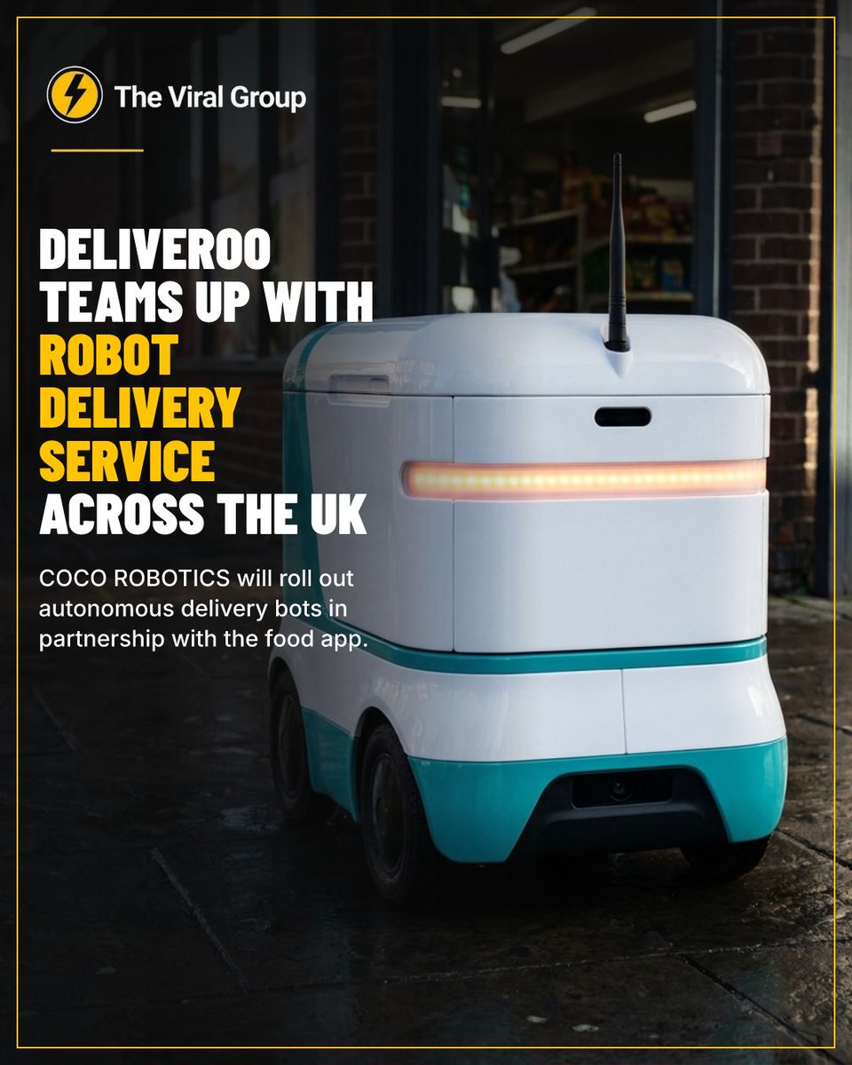 TheViralGroup's tweet photo. Your next curry's coming on wheels 🤖🍕
#Deliveroo #RobotDelivery #COCO #FoodDelivery #UKTech https://t.co/trdIXkhIDD