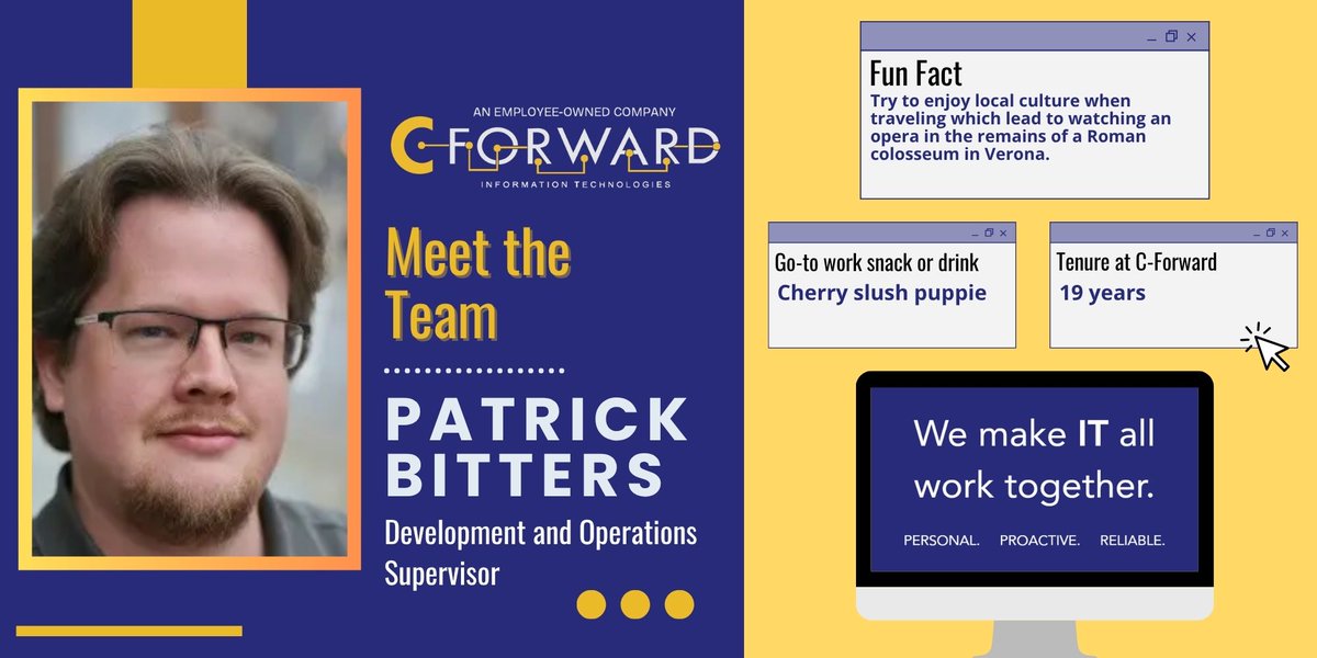 CForwardIT's tweet photo. Meet Patrick, our Development and Operations Supervisor!

Patrick plays an important role in supporting our team and keeping things running smoothly behind the scenes. We’re grateful for the knowledge, dedication, and leadership he brings to C-Forward every day. https://t.co/eHvKoCoByp