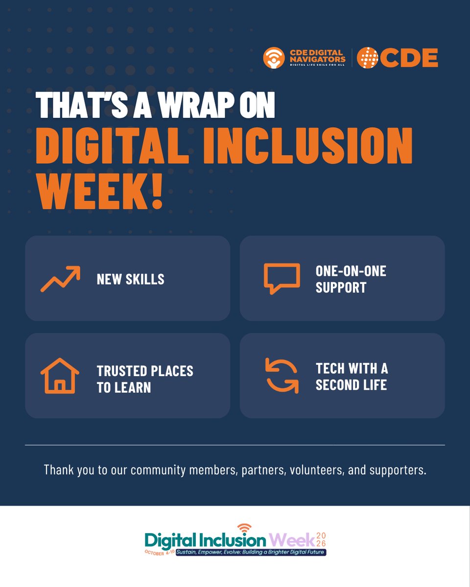 CDEConnects's tweet photo. That’s a wrap on Digital Inclusion Week! 🧡

This week, we saw new skills, trusted support, places to learn, and technology getting a second life.

Thank you to every community member, partner, volunteer, and supporter who makes this work possible. #DIW2026 https://t.co/zOKvaBHnco