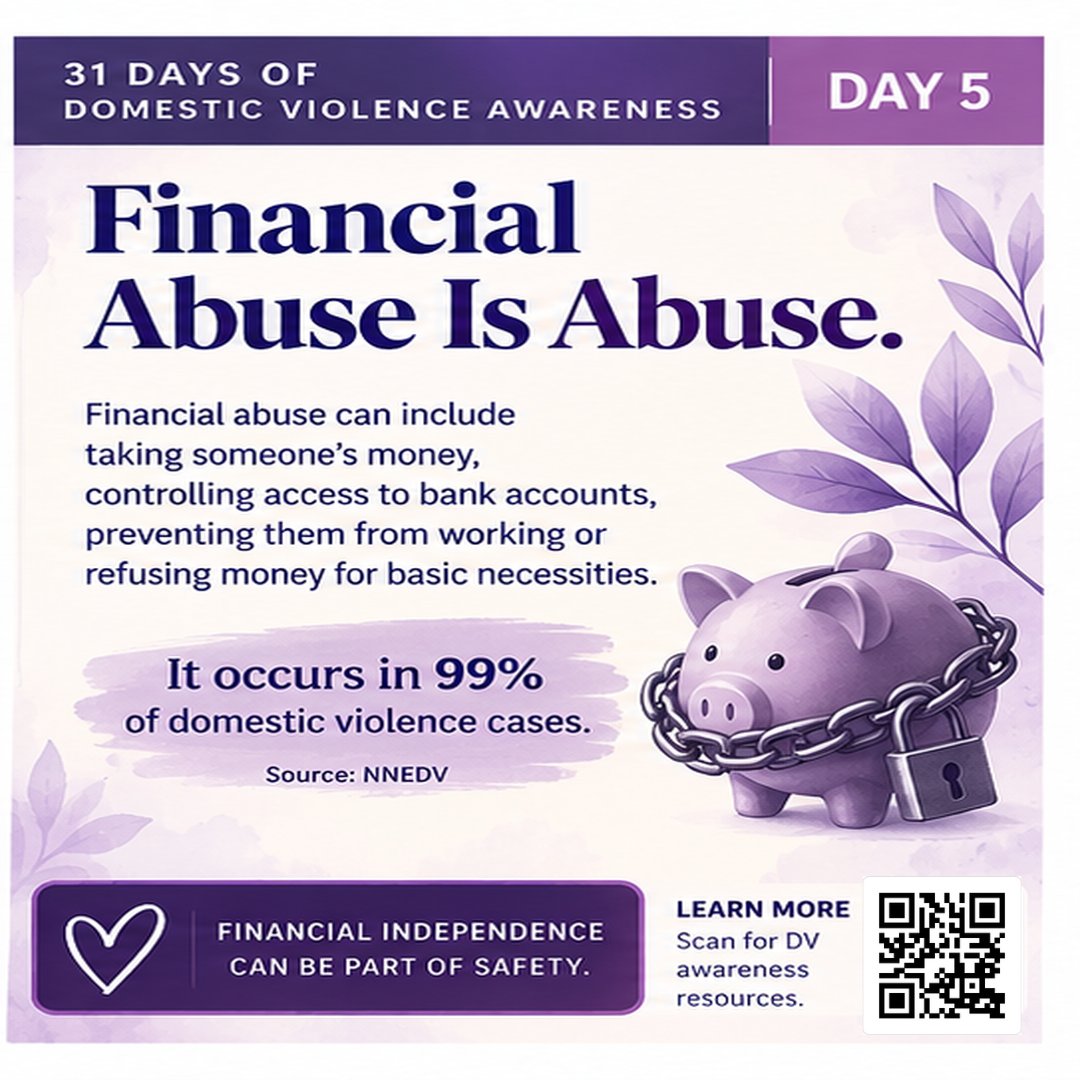 911CPB's tweet photo. Taking someone’s money, controlling access to bank accounts, preventing them from working or withholding money for necessities can be financial abuse.

Financial control can be a powerful form of control. 💜

#DVAM #FinancialAbuse #KnowTheSigns #911CPB #DVActionMonth #DVAM2026 https://t.co/bFzlGSKIWq