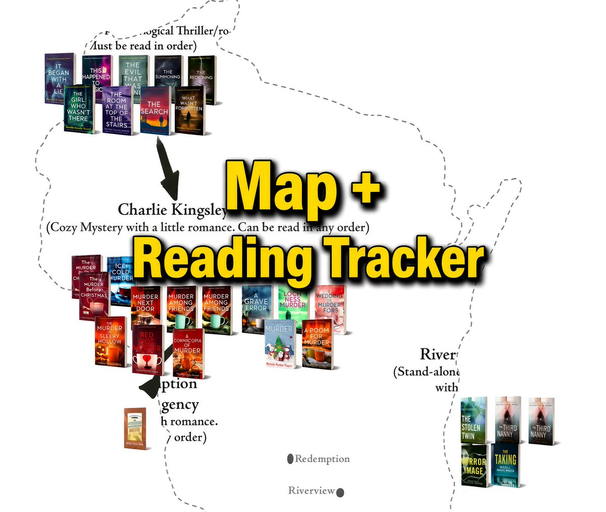 MichelePW's tweet photo. Four series. One town. Redemption, Wisconsin.

Charlie Kingsley cozies, Detective Agency cases, the darker Secrets of Redemption books — and the teas Charlie brews in the stories.

Map + free reading tracker is pinned. https://t.co/t4C49XTVtD https://t.co/QiEelDctQm