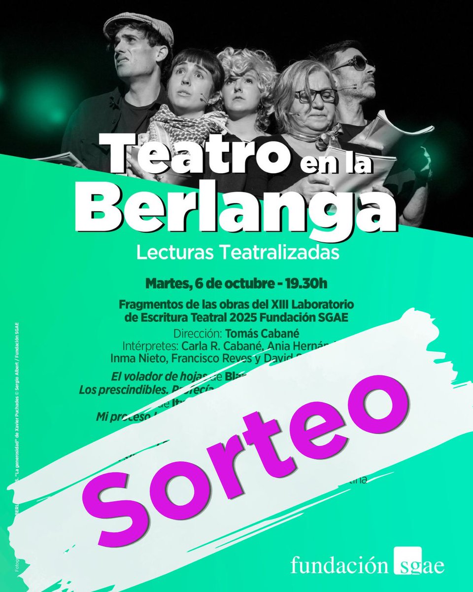 LASALABERLANGA's tweet photo. 🎭 ¡Sorteo!

Te invitamos a la primera lectura de Teatro en la Berlanga 2026 sorteando 5 entradas dobles para la función del martes 6 de octubre

Participa:
1️⃣Síguenos
2️⃣Responde a este post indicando con quién vendrías

⏰Participa hasta el 6 de octubre a las 10h

🍀¡Suerte! https://t.co/CNIH5jVpZ8