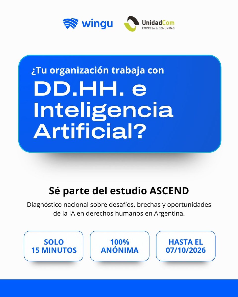 desdewingu's tweet photo. ¿Tu organización trabaja por los derechos humanos en Argentina? 🙌🏾

La encuesta ASCEND busca conocer cómo el sector está usando (o no) la IA, qué obstáculos encuentra y qué necesita para integrarla de manera responsable.

La encuesta es breve y cierra este miércoles 07/10 👇🏼👇🏼 https://t.co/2TgW6jk0cW