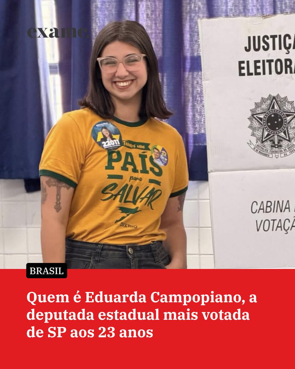 exame's tweet photo. Eleita pelo PL aos 23 anos, vereadora de Praia Grande recebeu 1,95 milhão de votos com uma agenda conservadora e oposição ao feminismo https://t.co/njoQku7ZwT