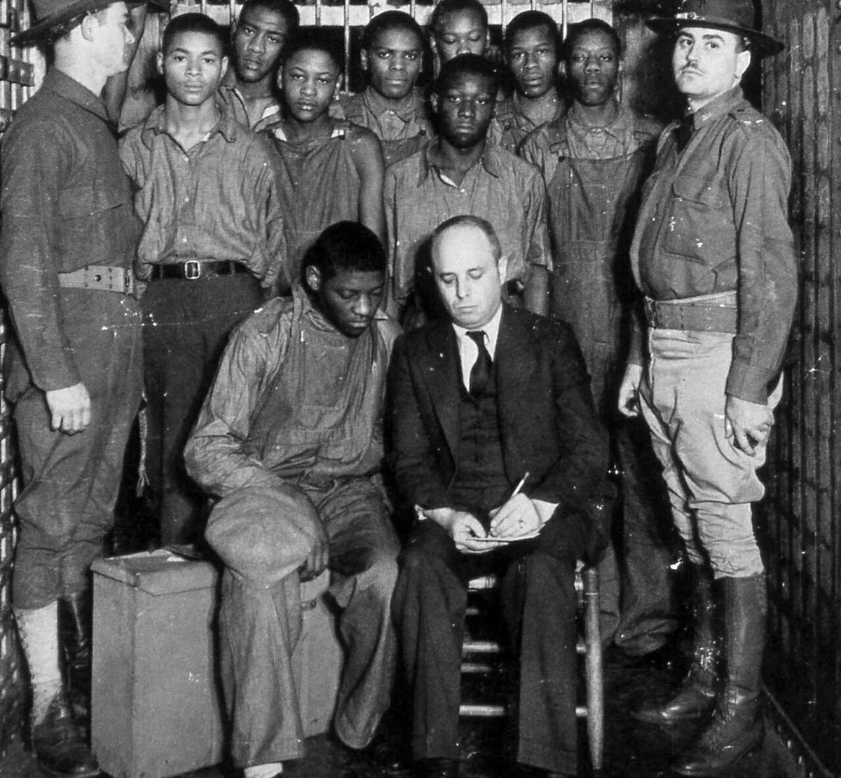 historical_Afr's tweet photo. The Scottsboro Boys were nine black teenagers ages 13 to 20, who were falsely accused in 1931 of r@ping two white women on a train." 

"An all whıte jury found the young men guilty, although the women eventually admitted to lying about the r@pe."  

"The youngest of the boys was blind, and was born with syphilis... proving the boys could not have r@ped the women without spreading the disease."  

Further noting.

"The Scottsboro Boys collectively served more than 100 years in prison. Only one of the men survived after serving several decades in prison to later be exonerated." 

He dıed shortly after he was released from prison."