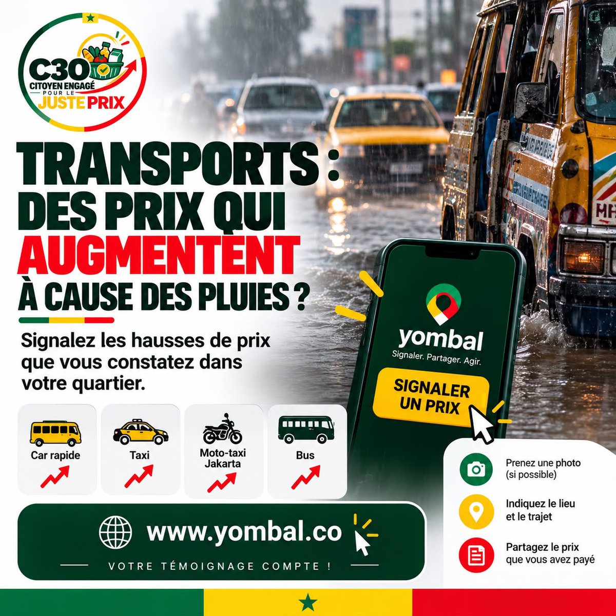 bathiedrizzy's tweet photo. 🌧️ Les pluies ne doivent pas devenir un prétexte à la hausse des tarifs de transport.

Vous constatez une augmentation du prix d’un trajet dans votre quartier ? Signalez-la sur https://t.co/jzpsXrJ8zV.

📍 Indiquez le lieu et le trajet
💰 Précisez le prix payé
📸 Ajoutez une photo si possible

Chaque signalement nous aide à documenter la réalité du terrain.

#30JoursPourLeJustePrix
