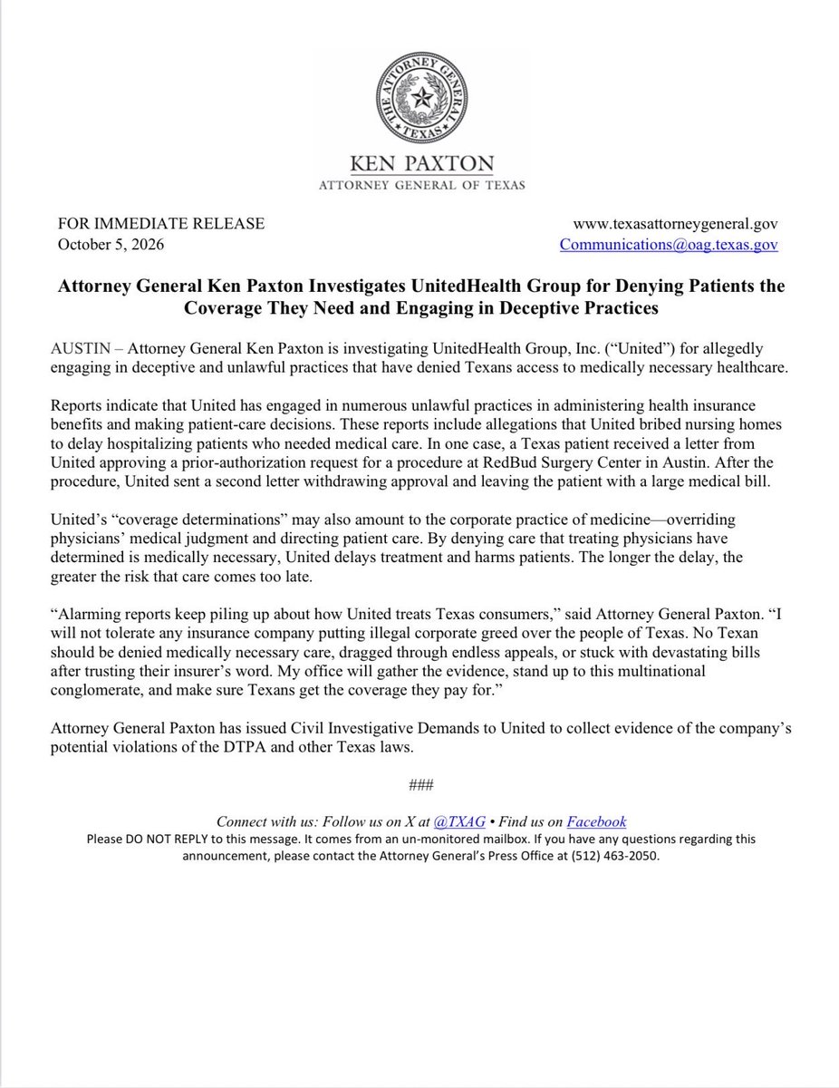 KenPaxtonTX's tweet photo. NEW: I am investigating UnitedHealth Group for denying patients the coverage they need and for engaging in deceptive practices. https://t.co/GQBJF36HKs
