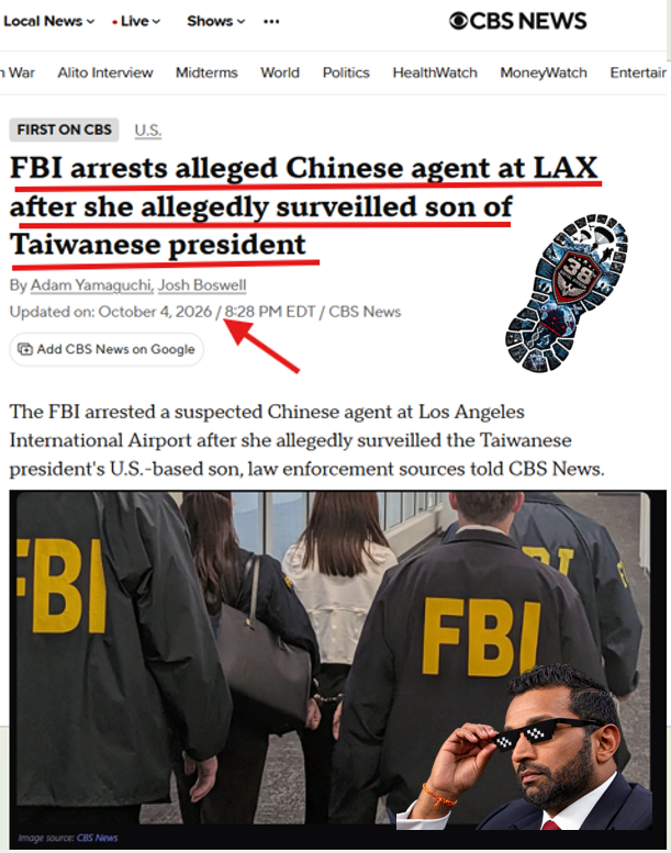 TheDebriefing17's tweet photo. 🚨RED OCTOBER DEBRIEFING: BOTH SIDES OF THE ROPE

My read: America and China are shaking hands and arresting each other's people at the same time. Both governments are pulling both ends of the rope.

Here is what happened.

Sunday, October 4. The FBI arrests a California real estate agent at LAX. She was about to get on a plane to Shanghai.

The charge: secretly working for the Chinese government.

What the FBI says she did:

In 2025, a Chinese official gave her a job. Go find a family in Seattle. Take pictures. Get their license plates.

The family? The son of Taiwan's president. His wife. Their little boy.

She flew to Seattle. Drove to their house. A neighbor's doorbell camera caught her filming them as they got home.

She texted her handler: "Saw him."

Why would China want that? The FBI said it plainly. If there is ever a war over Taiwan, knowing where the president's family lives is leverage.

Now look at how they caught her.

Her texts were sitting in her iCloud. The video was sitting on a neighbor's camera.

She did it in September 2025. She was arrested in October 2026. Thirteen months.

The proof was there the whole time. They waited until she tried to leave the country.

Now pull back. Look at the same few weeks.

America, at the top: Treasury sets up regular AI talks with China. A trade deal starts moving. A visit from China's leader is confirmed.

America, on the ground: A California businessman charged with smuggling $300 million in AI servers to China. This agent arrested at LAX. The FBI says 62 Chinese intelligence officers have been removed this year.

China does the same thing.

China is getting ready to host the next big meeting in Shenzhen in November. In September, China put the mayor of Shenzhen under investigation. It cleaned house before company comes.

Handshakes on top. Handcuffs underneath. Both countries. At the same time.

That's both sides of the rope.

Timelines. 
Patterns. 

The general's words, not mine. All I did was read the receipts. 

I am the guy on the couch, and you have been debriefed.