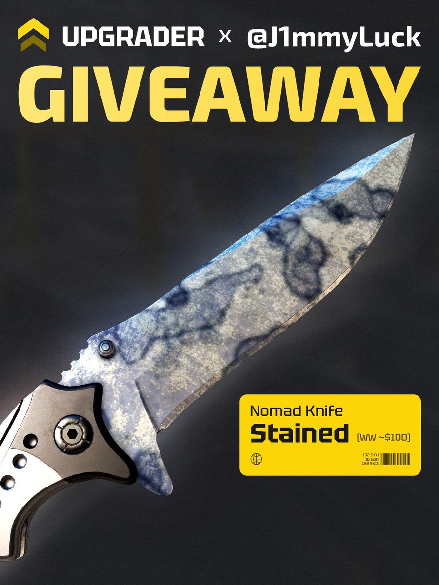 J1mmyLuck's tweet photo. 🎁 CS2 GIVEAWAY Sponsored by UPGRADER! 🔥
Prize: Nomad Knife Stained (WW)

To enter:
✅ Follow Me & @upgradercs (show proof)
❤️ Like + Retweet
👥 Tag 2 friends

After completing all the steps:
🌐 Go to https://t.co/wubZO4C6Rg
📝 Submit your X handle + reply URL
🎲 The winner will be drawn through J1mDraw

📅 Ends 12 OCT 2026
Good luck everyone! 🍀
#CS2 #CS2Giveaway