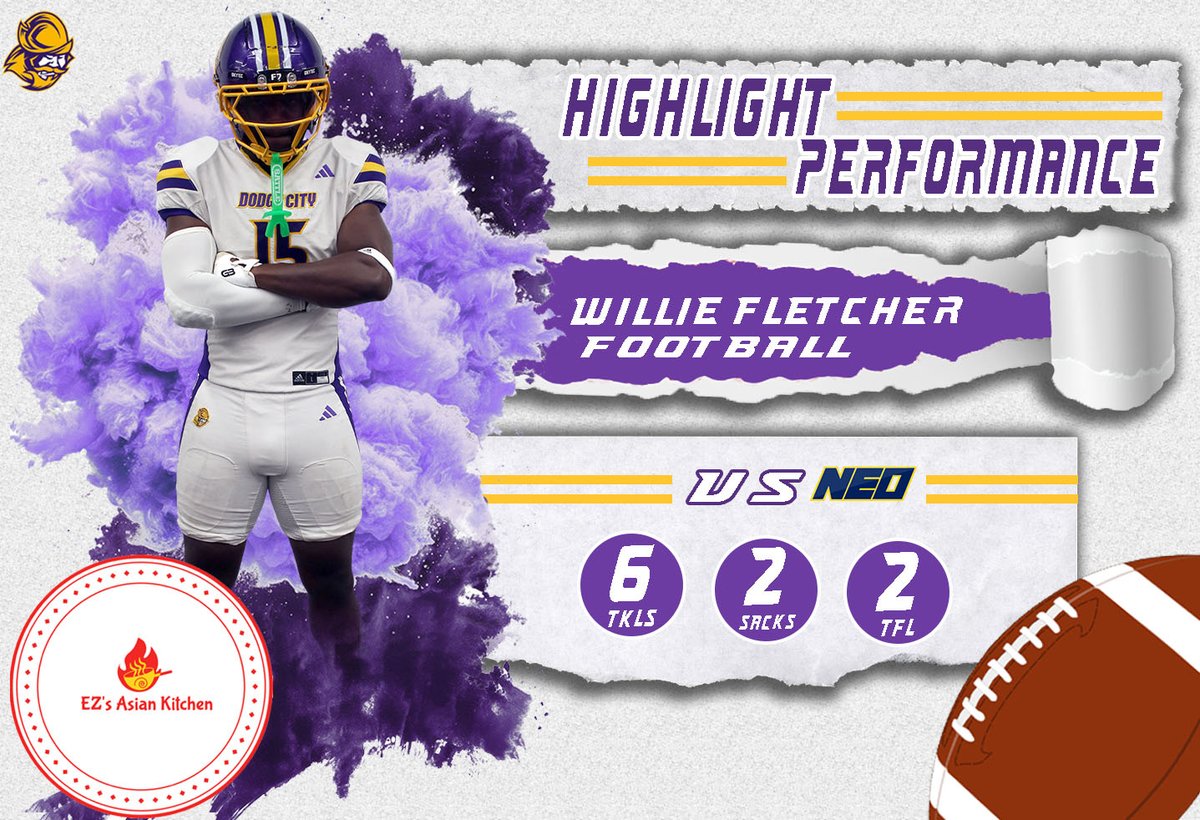 GoConqs's tweet photo. 🏈Highlight Performance of the Day🏈
EZ's Asian Kitchen Highlight Performance of the Day for Football - Willie Fletcher - he recorded 6 tackles, 2 TFL, & 2 sacks in the road win over #5 NEO #GoConqs #BurnTheBoats
EZ's Asian Kitchen - Located at 2409 Central Ave in Dodge City, KS