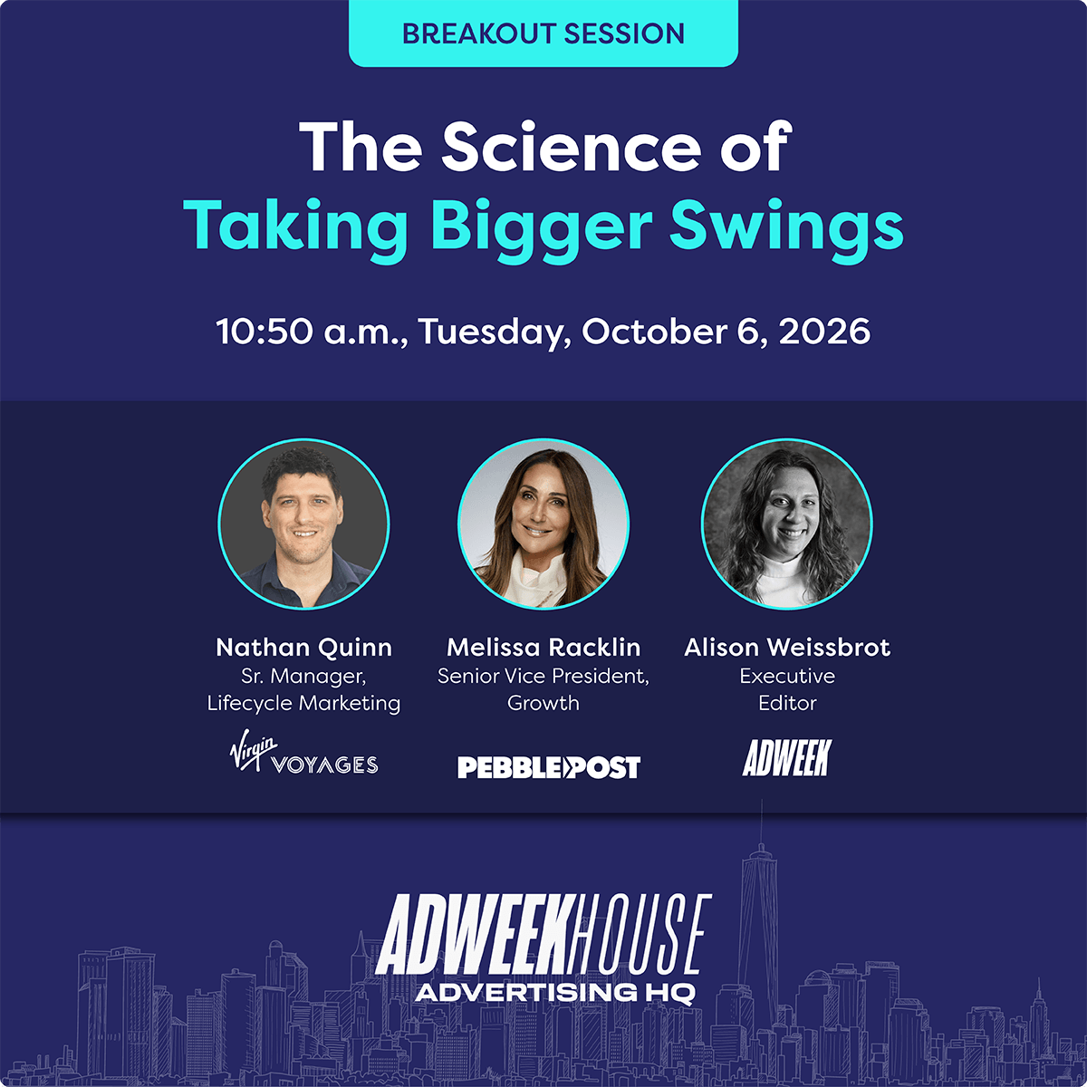PebblePostPDM's tweet photo. Fearless marketing starts with data you can trust.

Tomorrow at @Adweek House, Nathan Quinn of @VirginVoyages and Melissa Racklin of PebblePost will join Alison Weissbrot of ADWEEK for “The Science of Taking Bigger Swings.”

They’ll discuss how verified data, clear measurement, and strong partnerships enable marketers to experiment, invest, and scale with confidence.

📍 ADWEEK House
🗓️ Tuesday, October 6
⏰ 10:50 a.m.

If you’ll be at #ADWEEK, add this session to your agenda.