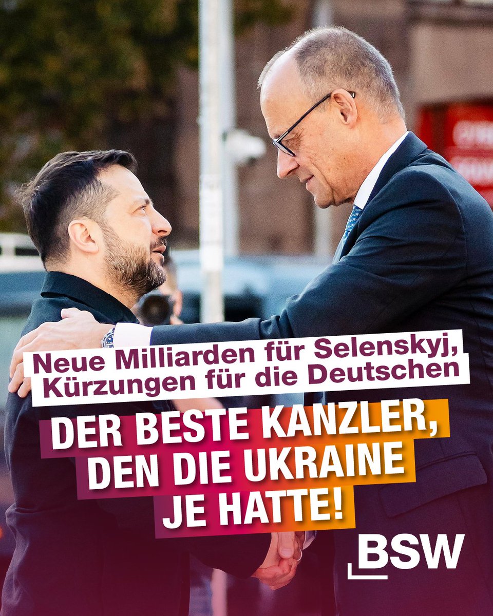 SWagenknecht's tweet photo. Es ist doch nicht zu fassen! Während Deutschland immer tiefer in der Wirtschafts- und Energiekrise versinkt und die Bundesregierung die Deutschen mit Kürzungen überzieht, reist Merz nach Kiew und verspricht der Ukraine wieder neue Milliardenhilfen. Bei Rente, Pflege, Familien und Gesundheit muss gespart werden, aber für die korrupte Selenskyj-Clique sind offenbar unbegrenzt Mittel da? Kein Wunder, dass Merz inzwischen der unbeliebteste Kanzler aller Zeiten ist und neun von zehn Deutschen mit seiner Arbeit unzufrieden sind. Ich finde: Wer immer mehr Geld im Ausland verschleudert und die Interessen der eigenen Bevölkerung derart mit Füßen tritt, sollte schleunigst seinen Hut nehmen und zurücktreten! Als BSW fordern wir: Kein deutsches Steuergeld mehr für die Ukraine! Stattdessen braucht es Entlastungen für die Bürger und ein Ende der unsozialen Kürzungspläne.