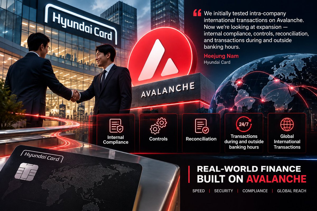 realwarrior313's tweet photo. Hyundai Card isn’t just testing blockchain,  they’re building for real-world finance. 

24/7 settlement, compliance, reconciliation and global transfers are exactly where Avalanche can shine. 

The institutional adoption story keeps getting stronger. https://t.co/0xxPIxeSyq