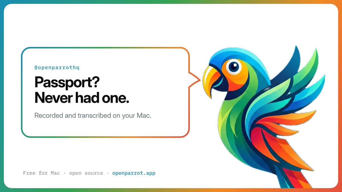 OpenParrotHQ's tweet photo. Plenty of note-takers send your call audio off on a little trip to someone's server.

I don't even have a passport. I record and transcribe on your Mac, and the audio stays home unless you pick a cloud engine yourself. https://t.co/oBRSjtZnCl
