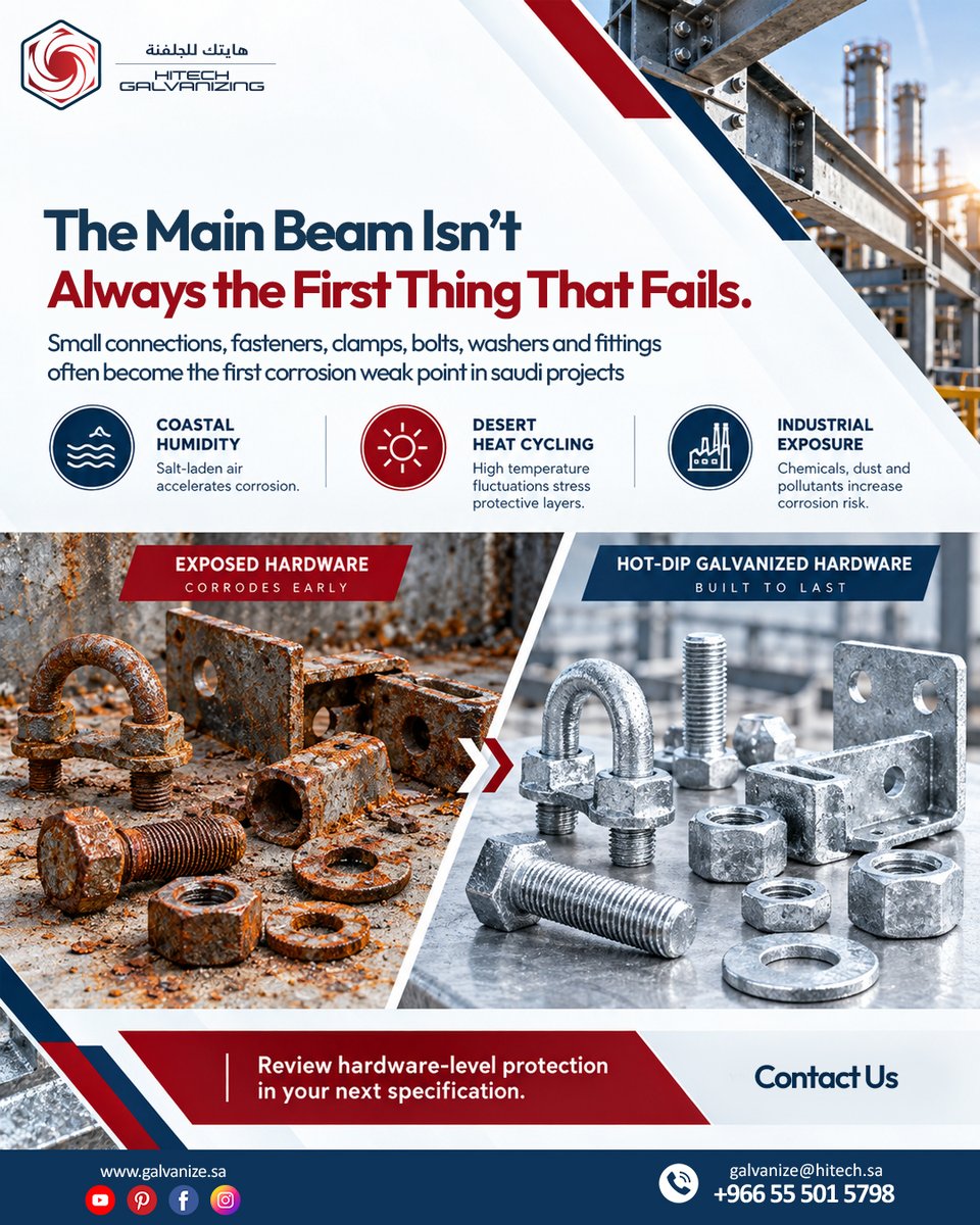 spingalvanizing's tweet photo. The Main Beam Isn’t Always the First Thing That Fails.
Small connections and fasteners can face salt, humidity, desert heat, and industrial exposure.
📍 Riyadh, Saudi Arabia
📧 galvanize@hitech.sa
📞 +966 55 501 5798
🌐 https://t.co/Bgr97OAK8X.
#HitechGalvanizing #SpinGalvanizing https://t.co/ewMQjmUlgp