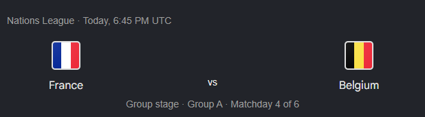The image shows a Nations League match card for France vs Belgium today at 6:45 PM UTC, in Group A, Matchday 4 of 6. This visual supports the post's call for viewers to predict the exact score of this upcoming match for a chance to win $50.