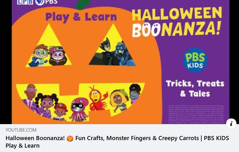 lpborg's tweet photo. Get ready for a Halloween Boonanza! 🕷️ Watch LPB Education's new PLAY &amp; LEARN for October. Bring the family together for a fun-filled activities, a creepy-but-delicious snack, a hilarious story, and a fun PBS KIDS game! https://t.co/RIYnl2B9iR https://t.co/Wx6r6jHCCt