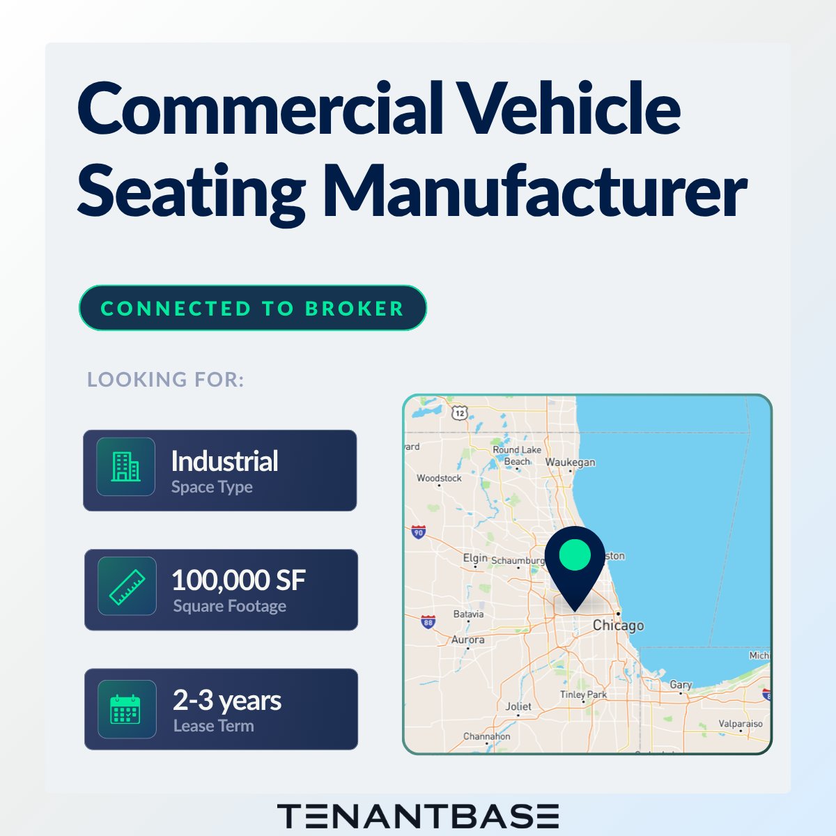 TenantBase's tweet photo. Connected 🚛
TenantBase matched a commercial vehicle seating manufacturer with a partner broker in the Chicago, IL market.
100,000 SF industrial requirement | 2–3 year lease term
#TenantBase #TenantRep #ChicagoCommercialRealEstate #IndustrialRealEstate #CRE https://t.co/NyJwizdHB7