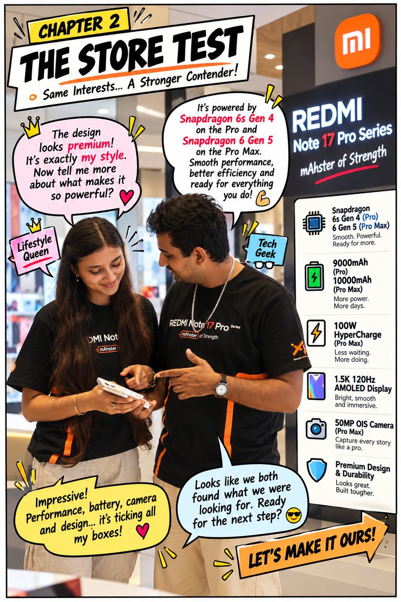 kjcreatesdelhi's tweet photo. “What makes the perfect phone?”

👑 She wanted style, camera &amp; a phone that could keep up with her lifestyle.
🤓 He wanted Snapdragon performance, battery &amp; power that wouldn't quit.

#REDMINote17ProSeries is the answer !!!!
 🎉🥳

#XiaomiFansClub 
#REDMINote17ProSeries https://t.co/dUgocBK7O6