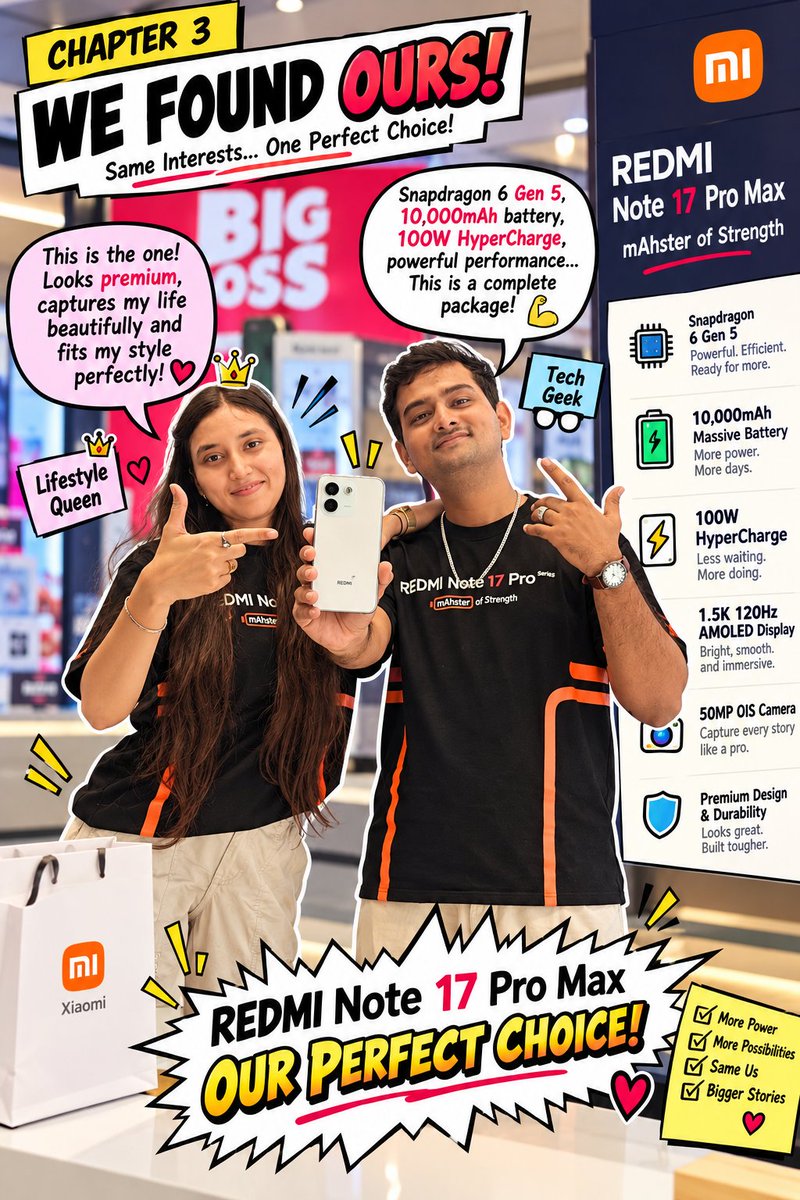 kjcreatesdelhi's tweet photo. “What makes the perfect phone?”

👑 She wanted style, camera &amp; a phone that could keep up with her lifestyle.
🤓 He wanted Snapdragon performance, battery &amp; power that wouldn't quit.

#REDMINote17ProSeries is the answer !!!!
 🎉🥳

#XiaomiFansClub 
#REDMINote17ProSeries https://t.co/dUgocBK7O6
