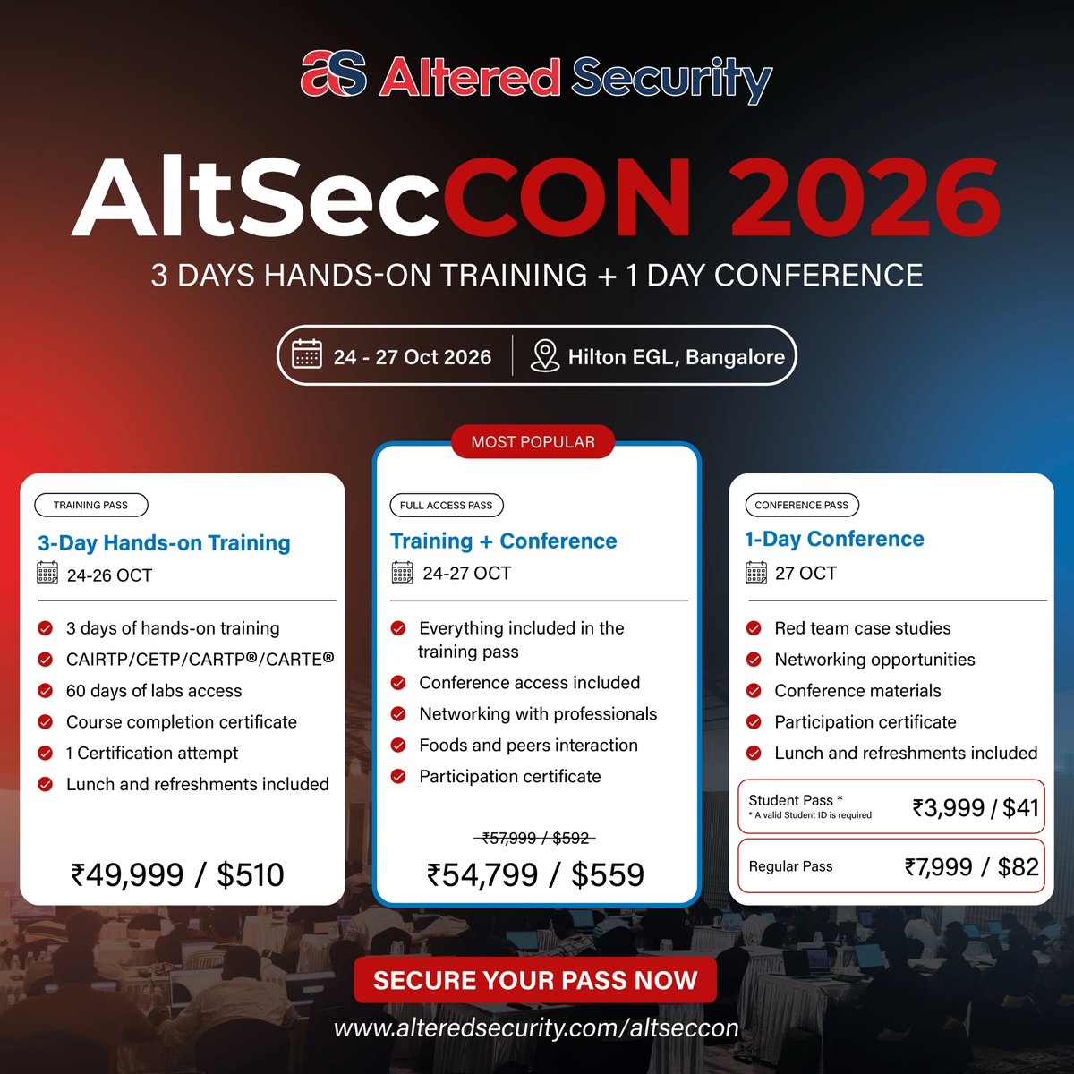 nikhil_mitt's tweet photo. Second Edition of AltSecCON is just 3 weeks away, help me spread the word!

I am giving away two conference tickets.

If you want to participate in the in-person event in Bangalore on 27th October 2026, please follow @AlteredSecurity and @nikhil_mitt and like, comment and repost. We will announce two winners on Thursday.

Please note that the giveaway is only for the conference day and not the pre-conference training.

https://t.co/CdMfv7AOjH

#RedTeam #AltSecCON
