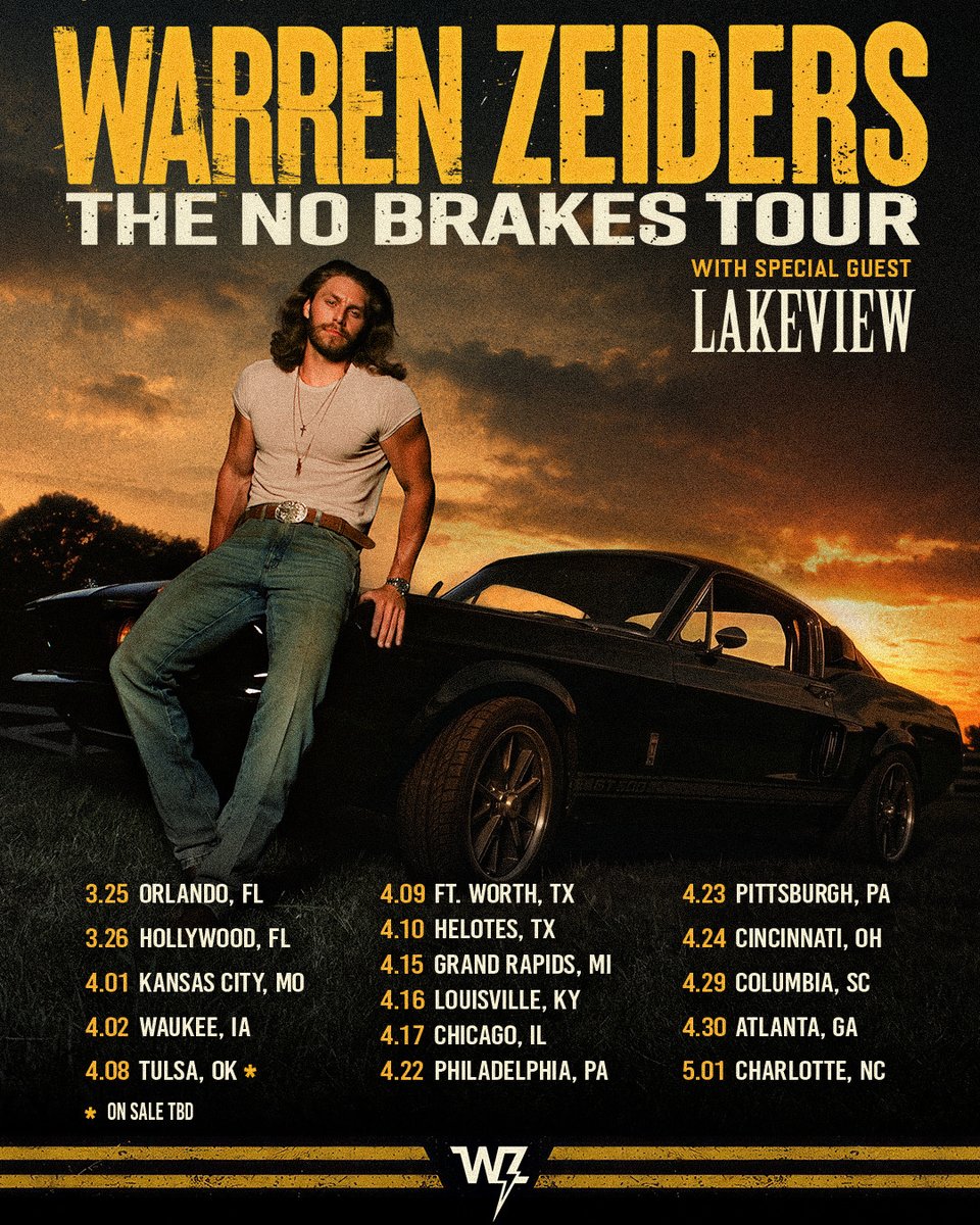 WarrenZeiders's tweet photo. Hitting the road for THE NO BRAKES TOUR and bringing the homies @lakeviewcountry along for the ride 🤘🏼

Use code OVERRATED to grab tickets early starting TOMORROW at 10am local time. Tickets officially go on sale this Friday at 10am local. Foot on the gas… Let’s go! ⛽️ https://t.co/sfOIyU7jpc