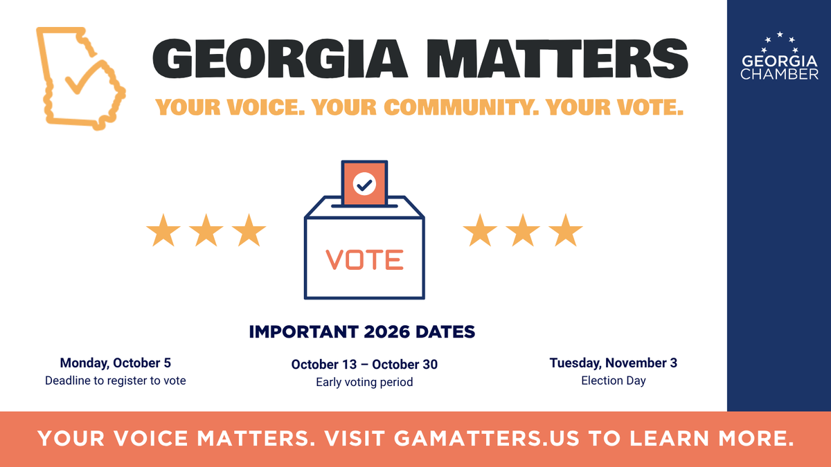 GAChamber's tweet photo. Today is the last day to register to vote in Georgia’s midterm election. Visit https://t.co/vbpqWWtT3X to check your registration and find your polling place so you’re ready when Election Day arrives.

The decisions made at the midterm affect the people and communities we serve every day. Help the people in your life by sharing accurate, clear information about the election. #GeorgiaMatters #MidtermsMatter

Visit https://t.co/ce5h4lkXk4 for more information.