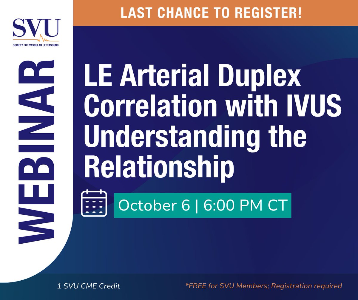 svuinfo's tweet photo. ⏰ Last chance to register!
It's a practical look at why stenosis grading with IVUS can't be directly compared to duplex ultrasound or angiography, and what that means for your clinical practice. Don't miss it. https://t.co/JLABTmEqCT
#SVU #VascularUltrasound #IVUS #CME https://t.co/uBe1V646b0