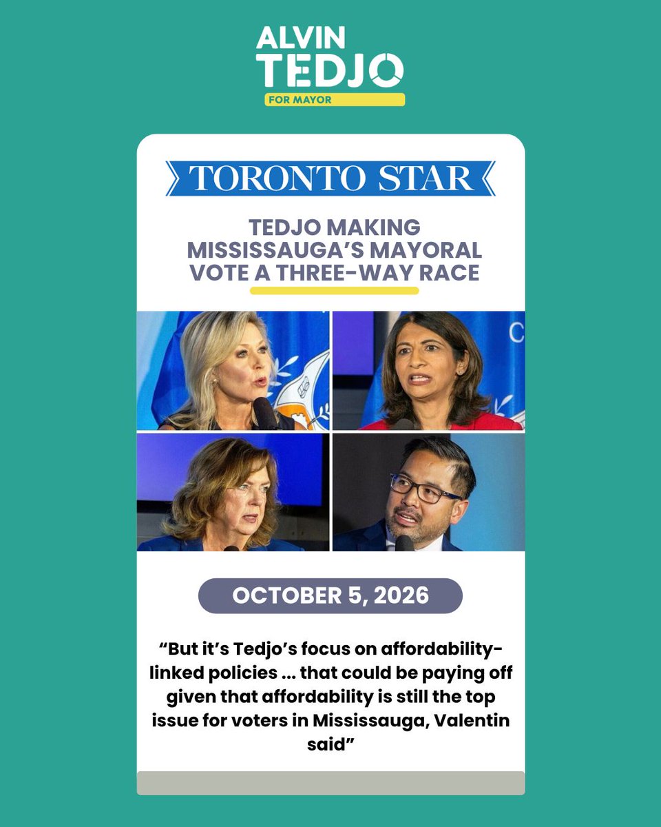 AlvinTedjo's tweet photo. The teal wave is building across Mississauga.

The mayoral election is now a three-way race, and the momentum behind our campaign continues to grow.

Why? Because Mississauga residents are ready for change.

More people are joining the teal wave.

Let’s keep it going! https://t.co/Kf5KOmOOMP