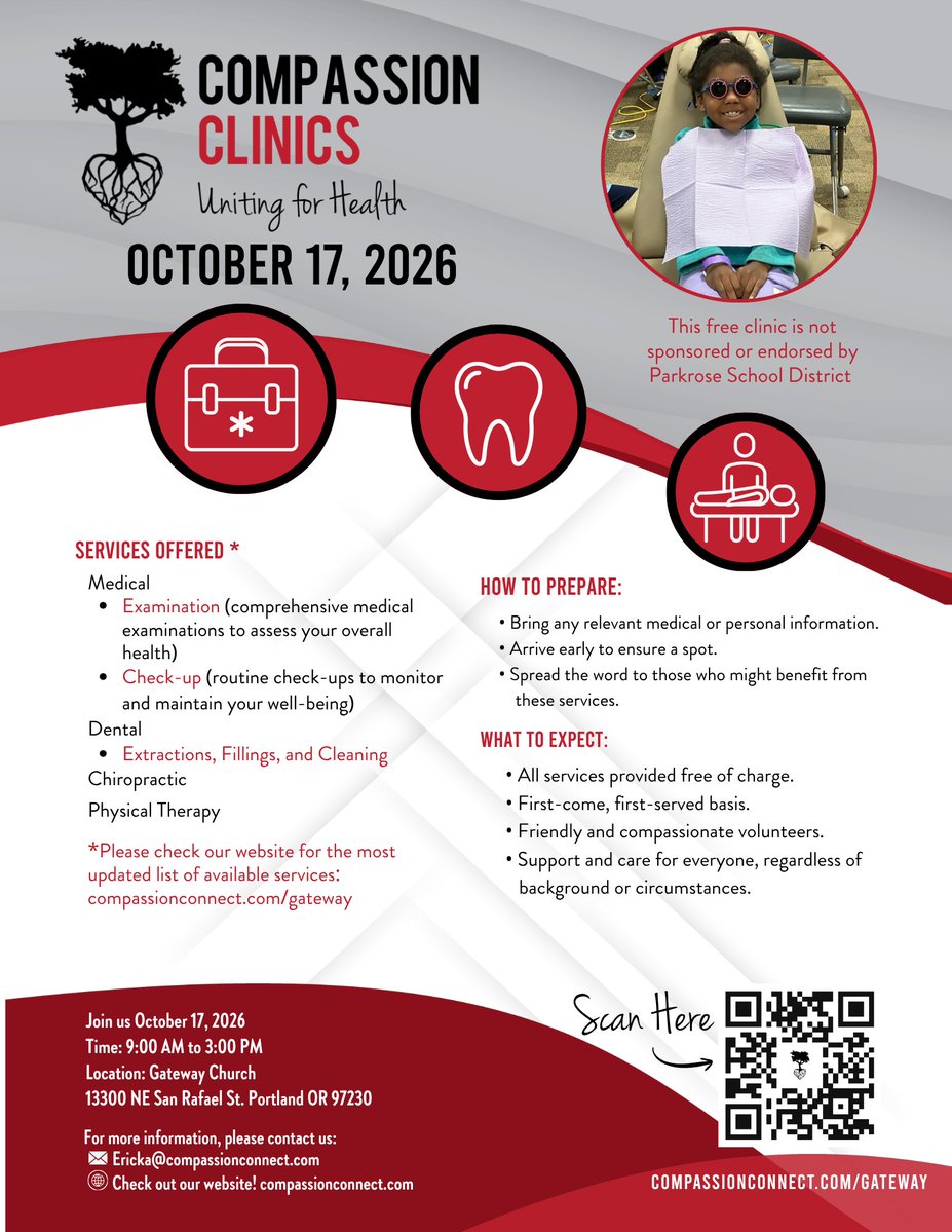 parkrose's tweet photo. Compassion Connect Free Clinic - Saturday, October 17th https://t.co/utPaNraVmJ via @ParentSquare https://t.co/P1IVZTX2rH