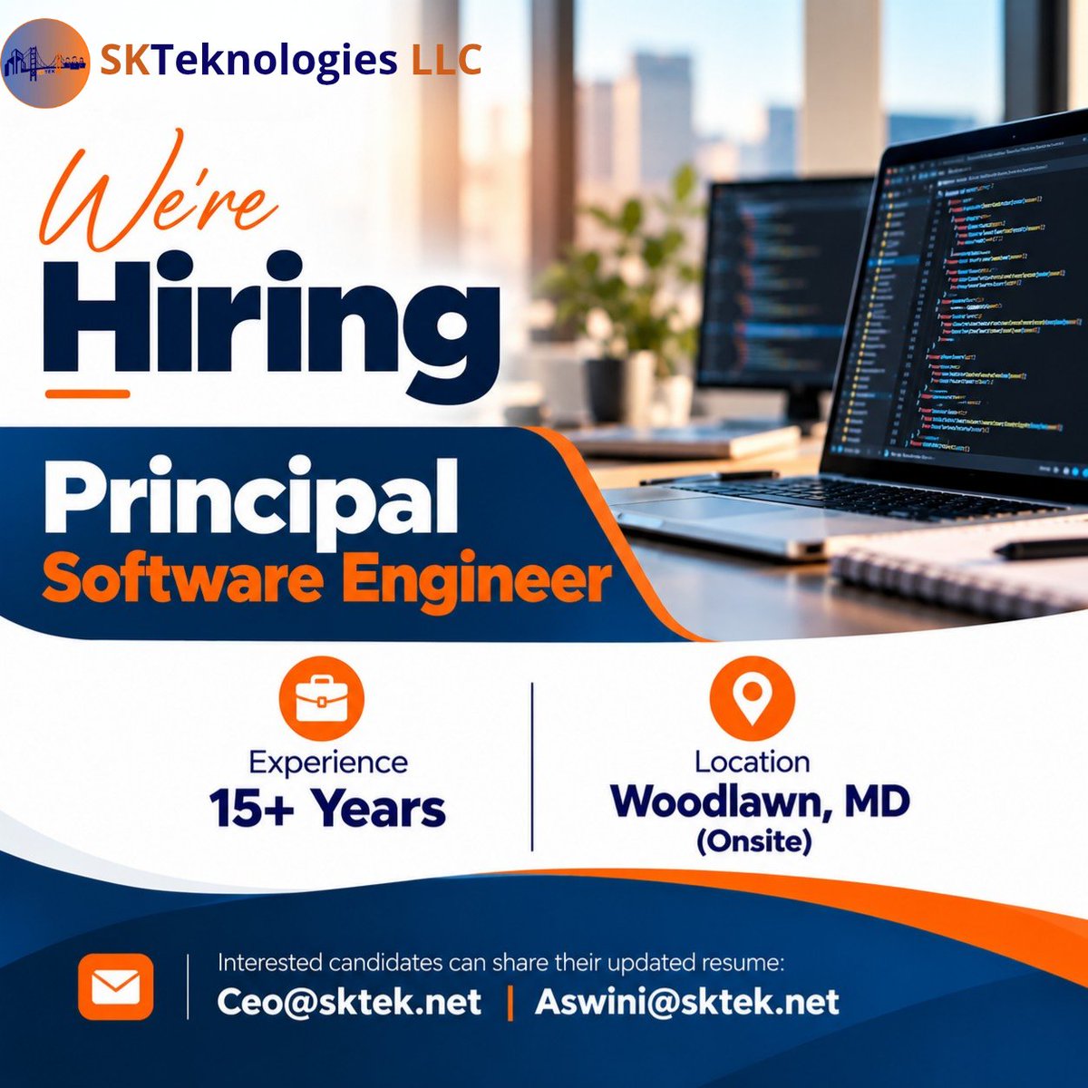 SKTek_LLC's tweet photo. π¨ Hiring | Principal Software Engineer
π Woodlawn, MD | Onsite
π© Ceo@sktek.net | Aswini@sktek.net
π Apply here
https://t.co/wP7Et4pyWI
#Hiring #PrincipalSoftwareEngineer #JavaJobs #SpringBoot #AWS #OpenShift #Kafka #Microservices #WoodlawnMD #USJobs https://t.co/2tUQ4odkOX