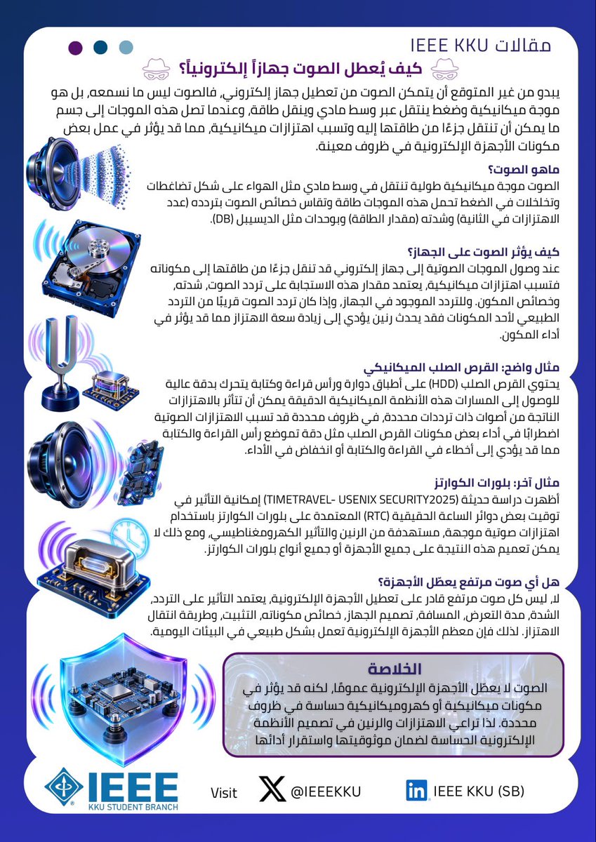 IEEEksa's tweet photo. 🔊هل يمكن للصوت أن يؤثر على أداء الأجهزة الإلكترونية؟

اكتشف كيف يمكن للاهتزازات الصوتية أن تؤثر على المكونات الإلكترونية الدقيقة

وما الذي يجعل بعض الأجهزة أكثر حساسية من غيرها

قراءة ممتعة⚡️

#IEEEKKU 
@IEEEorg https://t.co/iphtmz1hd6