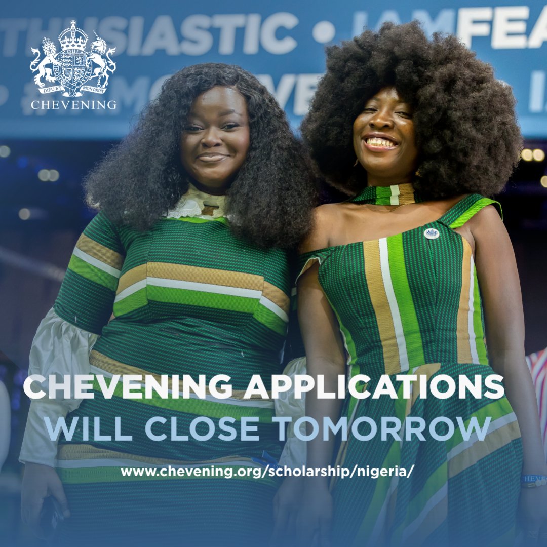 UKinNigeria's tweet photo. 🚨 One day to go!

Applications for Chevening Scholarships close tomorrow, 6 October.

Don't wait until the last minute. Submit your application before the deadline!

Good luck to everyone applying. 

#IAmChevening https://t.co/mCMPsMHRkX