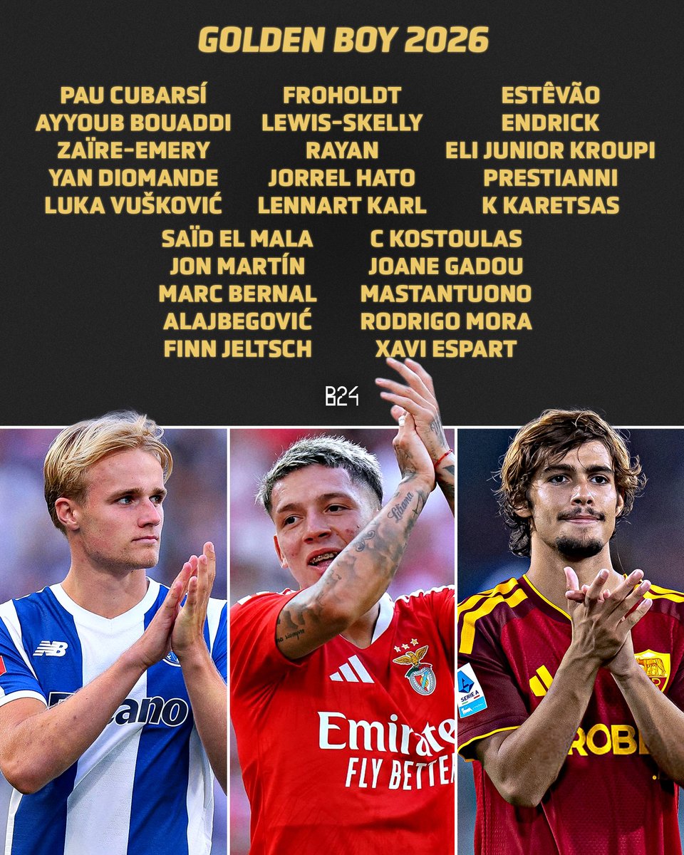 B24PT's tweet photo. Eis os finalistas do prémio Golden Boy 2026 💫 https://t.co/XEaFcj1sRb