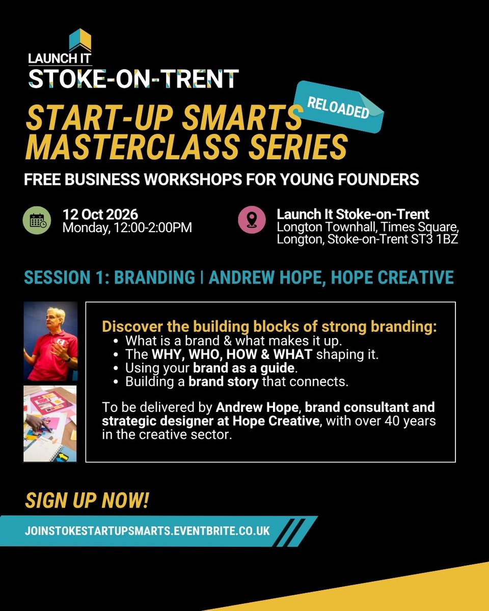LaunchIt_UK's tweet photo. One week to go til our first workshop for this new season of Start-Up Smarts Masterclasses at Launch It Stoke-on-Trent! Signed up yet? 🚀✨

🎟️ Book your space now &amp; make sure to check out the succeeding masterclasses: https://t.co/3M0MPobCYX 

#stokeontrent https://t.co/slXbJHnSi6