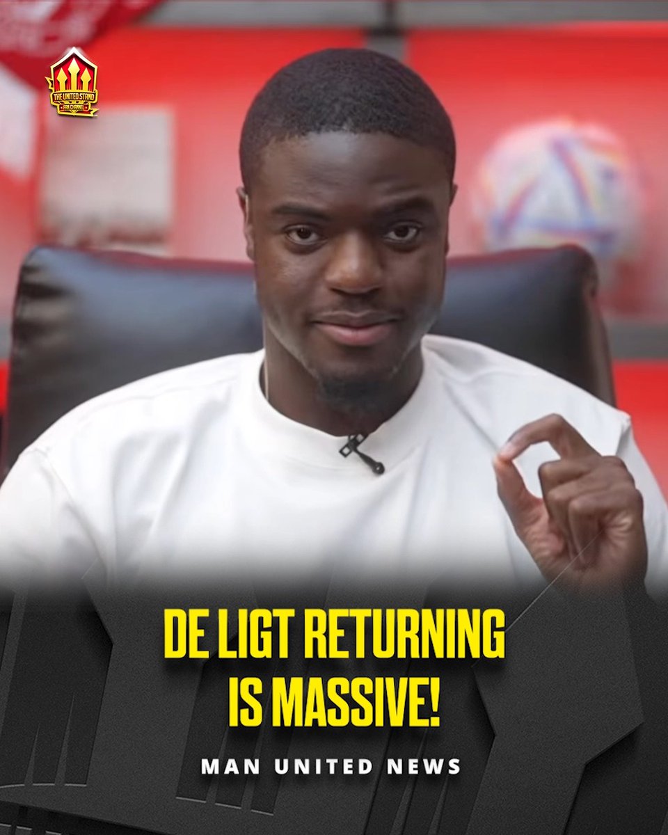 A man in a white t-shirt sits in a chair gesturing with his hand, with text overlay reading "DE LIGT RETURNING IS MASSIVE!" and "MAN UNITED NEWS," relating to discussion about Matthijs de Ligt's potential return to Manchester United's starting lineup as a top centre-back.