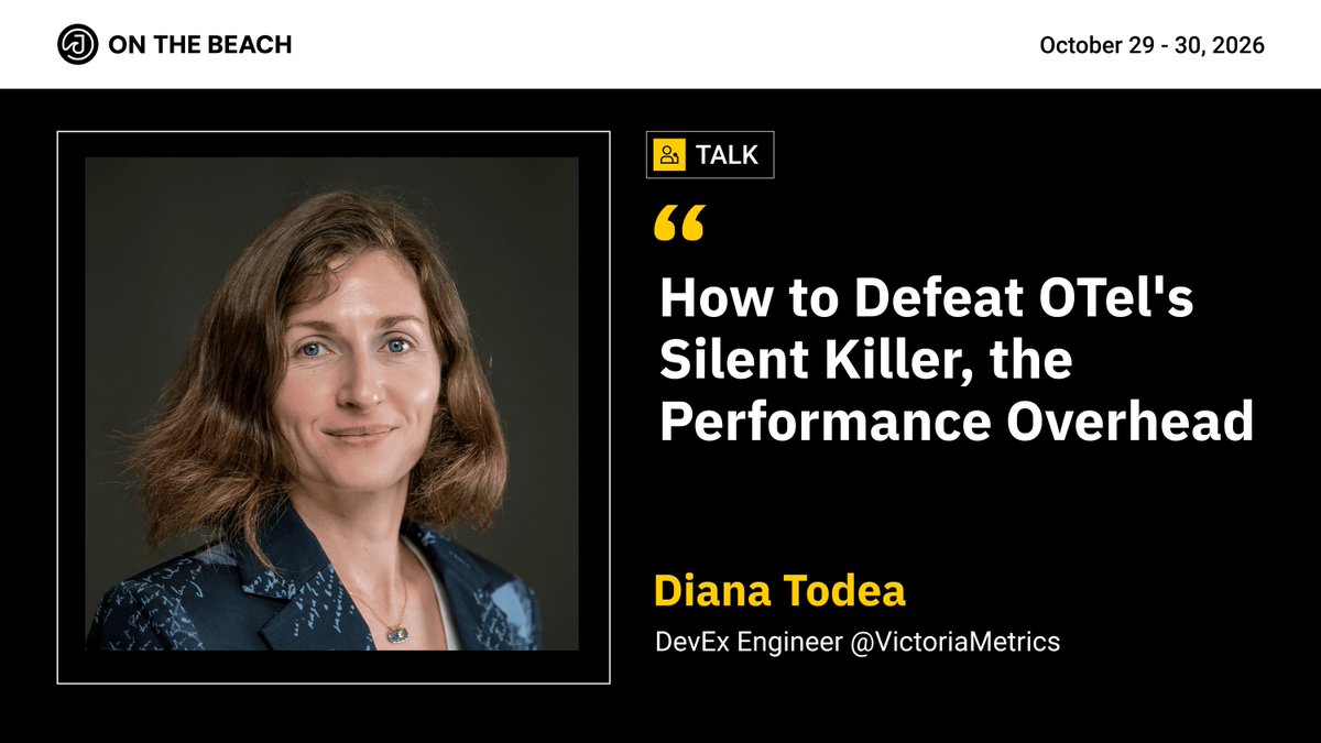 JOTBConf's tweet photo. OpenTelemetry gives you visibility...until it quietly eats the CPU and budget you need to run your systems.

Diana Todea from @VictoriaMetrics shows how to measure OTel's overhead and get it under control.

📍 Torremolinos · Oct 29–30

#OpenTelemetry #Observability https://t.co/qMRPXUIong