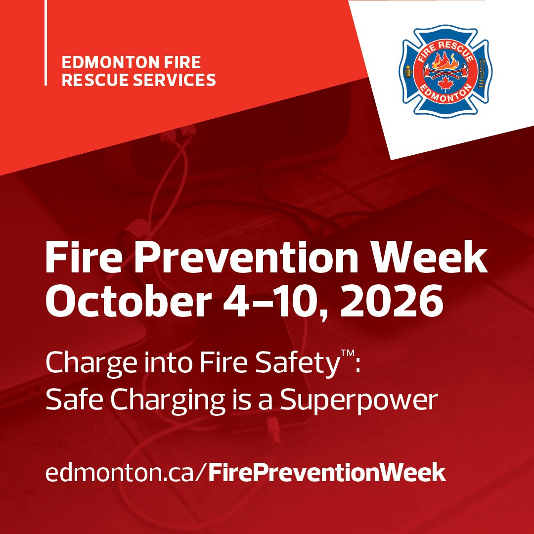 EdmontonFire's tweet photo. Fire Prevention Week is here! 

This year, we're helping Edmontonians Charge into Fire Safety with tips on safe lithium-ion battery habits. 

Learn more at https://t.co/Y33VcBrZ0d https://t.co/arDIcwD7Ak