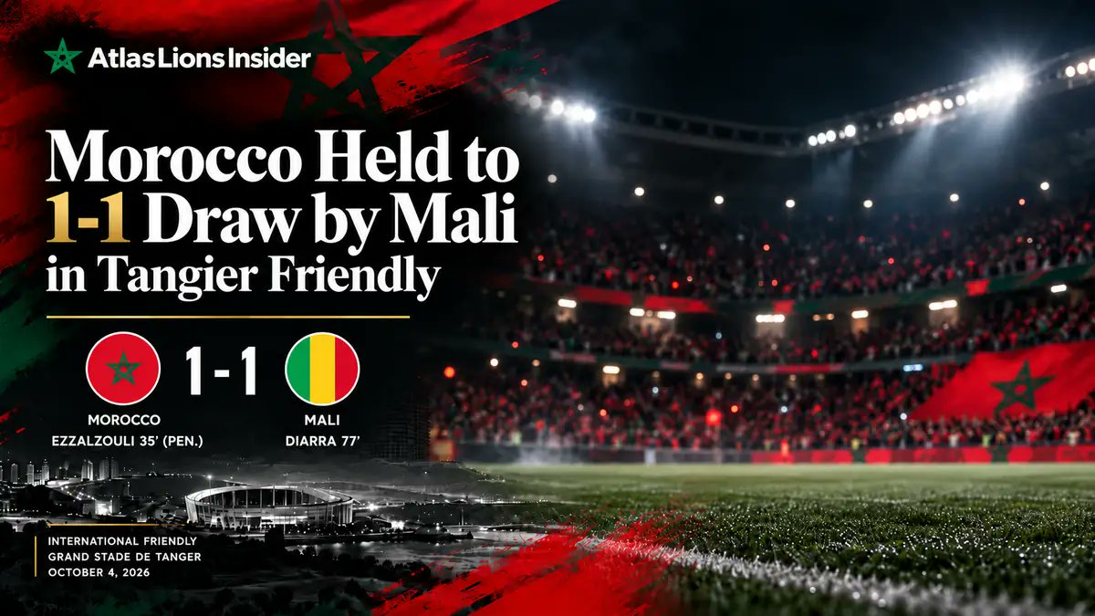 AtlasLionsNews's tweet photo. 🇲🇦 Morocco 1-1 Mali 🇲🇱

Abdessamad Ezzalzouli put the Atlas Lions ahead from the penalty spot, but Gaoussou Diarra equalized in the 77th minute in Tangier.

Morocco finish the October window unbeaten.

#AtlasLions #Morocco #MARMLI https://t.co/ivWjhj0wNG