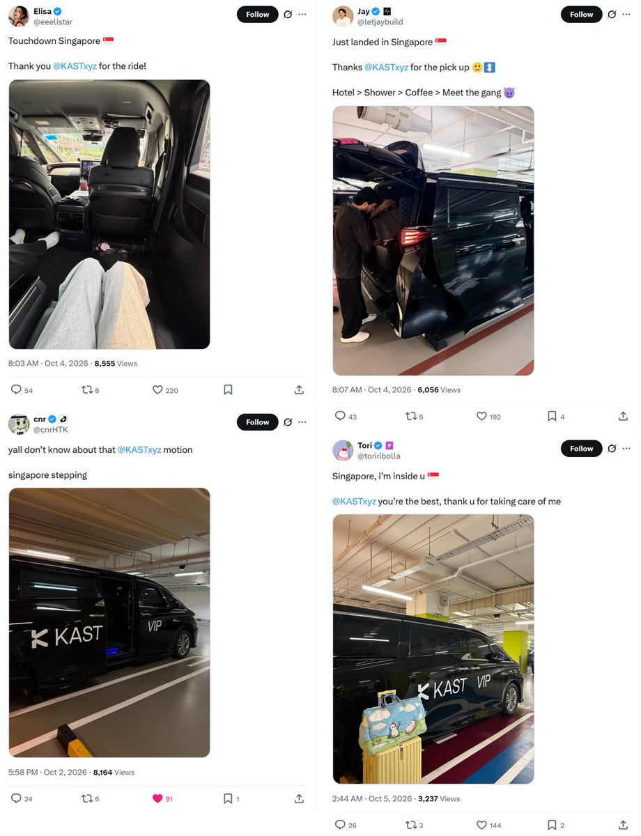 0xVishnya's tweet photo. This is why KAST is the best at marketing

Crypto Twitter is landing in Singapore for TOKEN2049, and the timeline is full of the same photo: a black van with KAST on the door

What they did:
- invited members got a free private ride from Changi airport to the hotel, with a driver holding their name on a sign
- all spots were taken a day before the deadline
- from Oct 7 to 9, 10 @KASTxyz cars give free rides from the TOKEN2049 entrance, no booking needed
- they did the same at Consensus in Hong Kong in February

Then the guests do the marketing: "W stunt", "best VIP treatment as always", "not even 20 minutes after I landed"

Even the ones who missed out post about it: "Got a grab like pleb", with a SGD 45 receipt

Other cards pay for posts. KAST sends a car, and the posts write themselves

Has your Crypto Card ever done something like this for you?