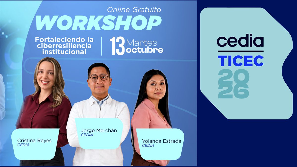 RedCLARA's tweet photo. 🚨 La ciberresiliencia ya no es opcional. Súmate al workshop gratuito “Fortaleciendo la Ciberresiliencia Institucional” y fortalece las capacidades de tu organización.

📅 13 de octubre
 🔗 https://t.co/ZvnxucqUg1

#Cybersecurity #Ciberresiliencia #TICEC @CEDIAec https://t.co/REHoeOX3Rx
