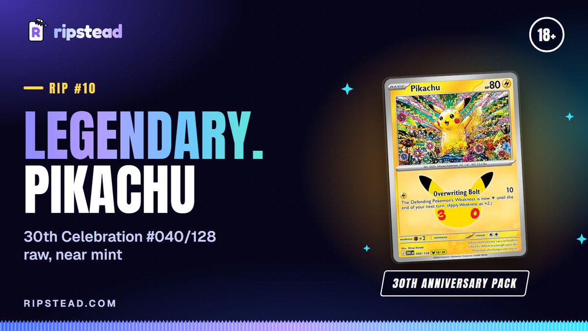 Ripsteadcom's tweet photo. A $5 pack did THIS?? 18+
Legendary Pikachu out of the 30th Anniversary pack, the 13% slot on a Normal rip. Last time: still the mouse. This time: THE mouse.
First wave, limited slots. DM us your Ripstead ID. 18+
#PokemonTCG #PackOpening #Pokemon30th https://t.co/Brm9EAafBT